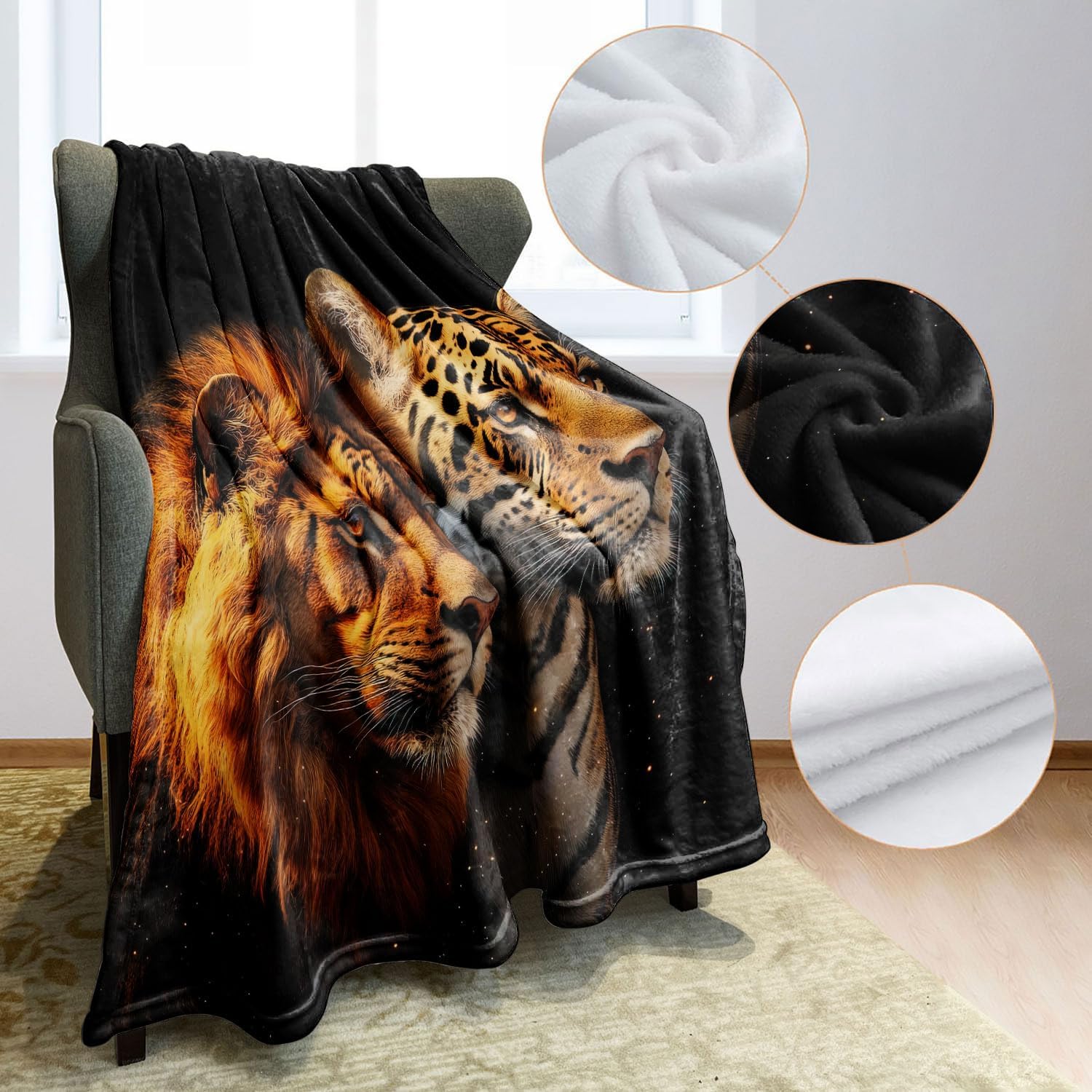 60"x80" Lion & Jaguar Blanket - Soft Cozy Fleece Throw, Wild Animal Design for Couch & Sofa - Image 3