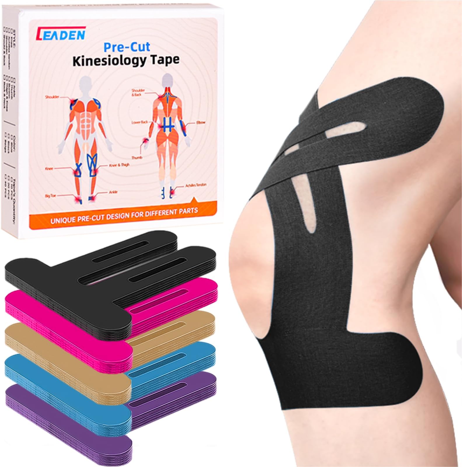 Precut Kinesiology Tape for Knees, 10 Pcs - Knee Support & Stability, Knee Pain Relief Athletic Tape - Waterproof & Elastic, Breathable Hypoallergenic Latex-Free Tape, Black
