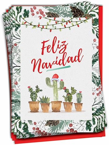 NobleWorks Juego de 36 tarjetas de felicitación de Navidad españolas en caja con sobres de 5 x 7 pulgadas (1 diseño, 36 cada uno) Feliz Navidad