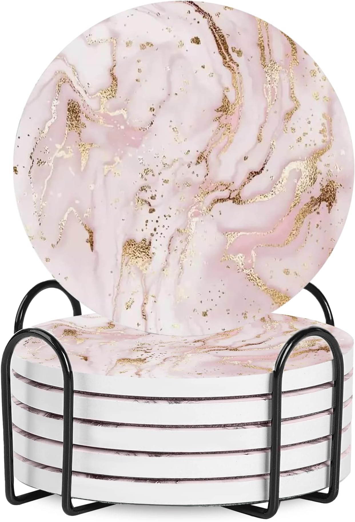 Coasters for Drinks, Round Absorbent Ceramic Stone Coasters Set of 6 with Cork Base, Funny Drink Coasters with Holder for Cold Drinks Wine Mugs and Cups Tabletop Protection, 4 Inches (Pink Golden)