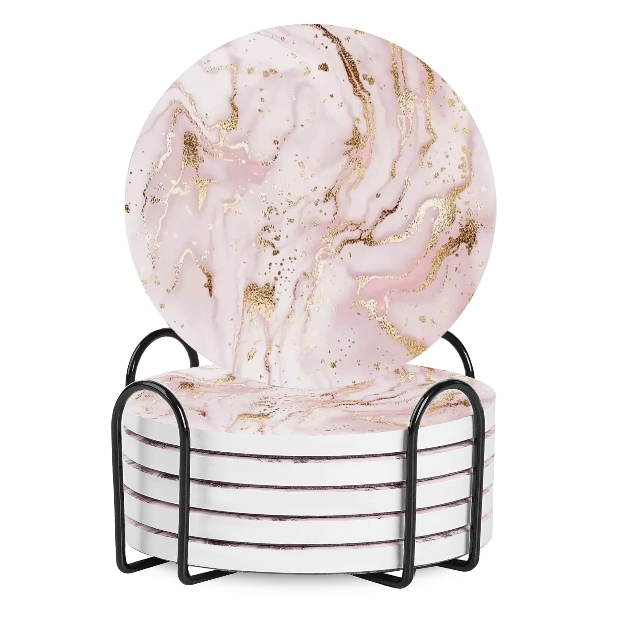 Coasters for Drinks, Round Absorbent Ceramic Stone Coasters Set of 6 with Cork Base, Funny Drink Coasters with Holder for Cold Drinks Wine Mugs and Cups Tabletop Protection, 4 Inches (Pink Golden)