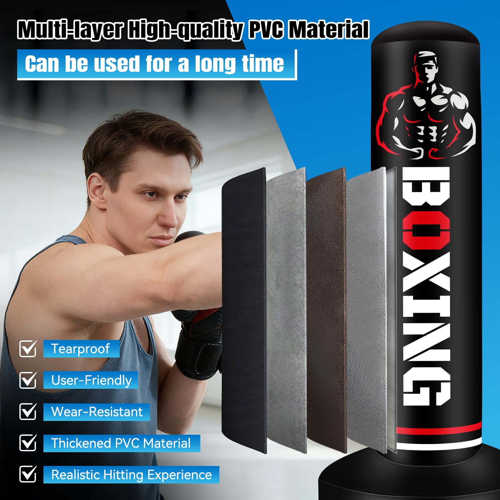 Boxsack Stehend Erwachsene 180cm mit Boxhandschuhen und Pumpe, Standboxsack für Training MMA Kickboxen