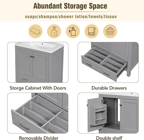 Miniatura 5 de Merax Tocador de baño de 30 pulgadas con lavabo individual, armario combinado de montaje inferior, armario de almacenamiento de baño con 2 puertas y