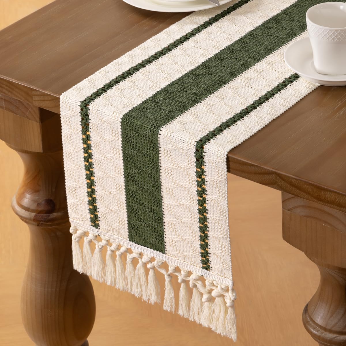 MLMW Boho Table Runner 72 inches Olive Green&Ivory Small Coffee Table Runner Rustic Macrame Woven Table Runners Short Dresser Runners for Bedroom Living Room Home Decor image 3