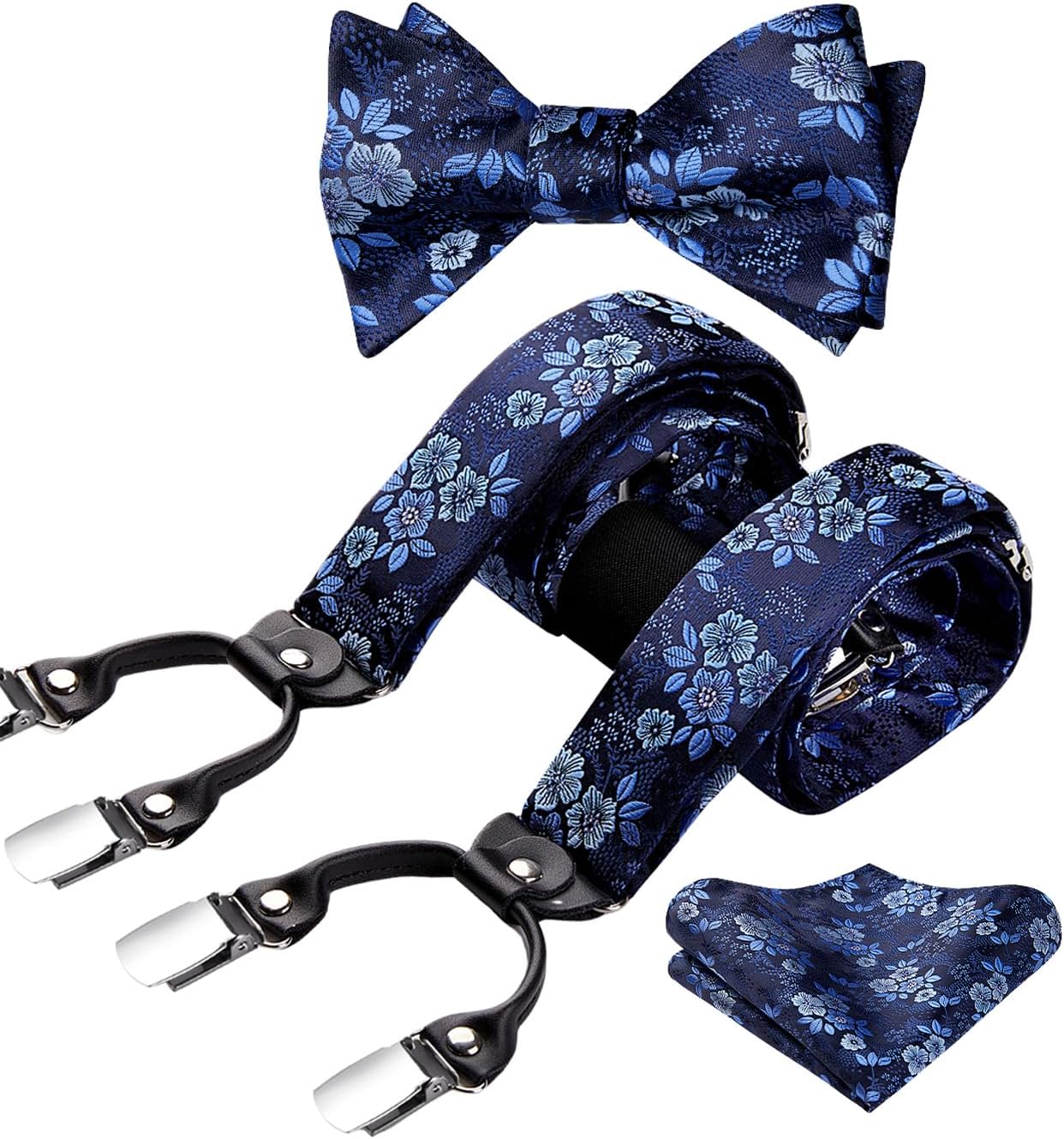 HISDERN Suspenders for Men Paisley Floral Self Tied Bow Tie and Suspender Pocket Square Sets Adjustable Wedding Braces