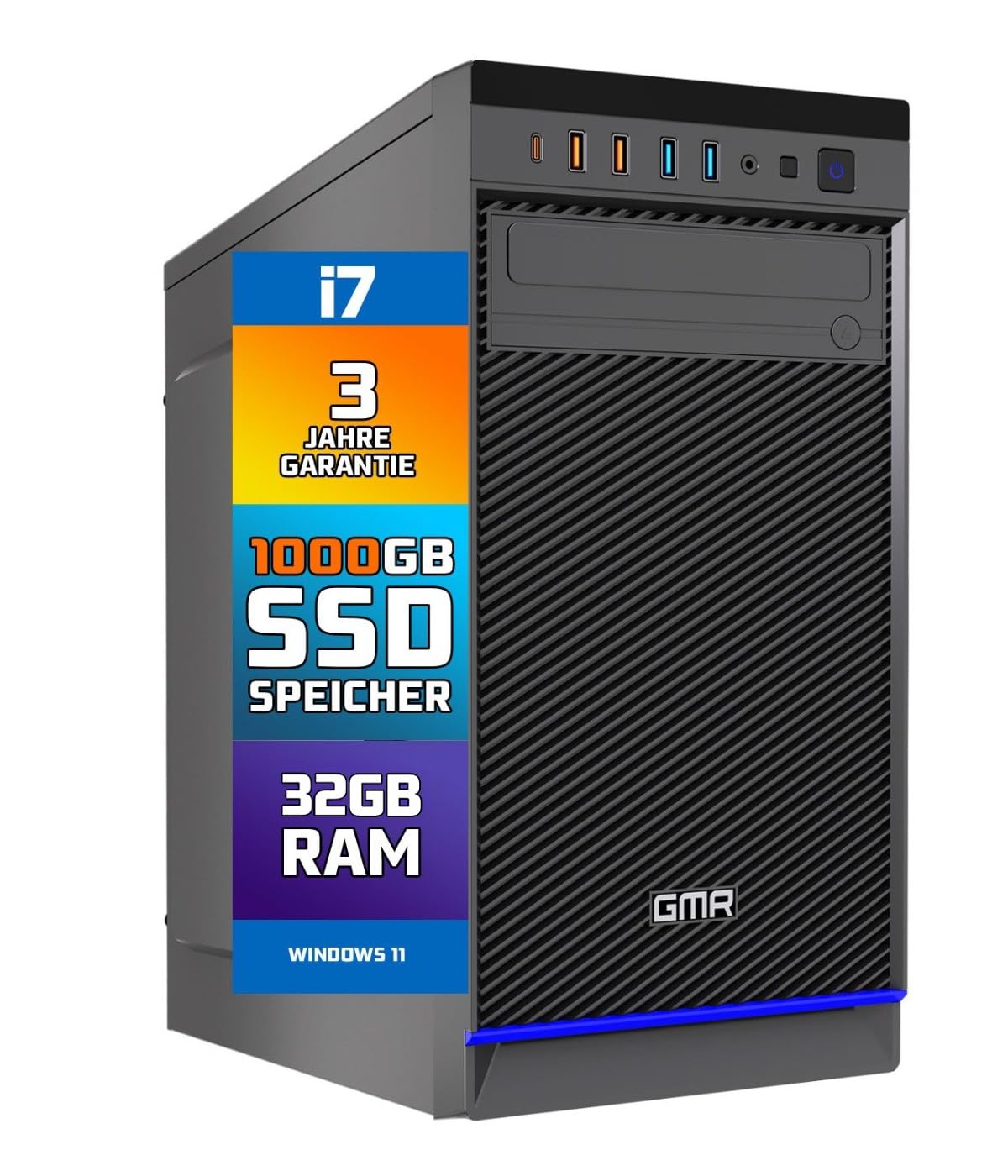 GMR Ultra Desktop PC - Intel i7, Windows 11 Pro, 32GB RAM, 1000GB SSD, USB 3, WiFi, Bluetooth, Office PC Mit DVD, 3 Jahre Garantie - Desktop PC Windows 11 - Sofort Einsatzbereit