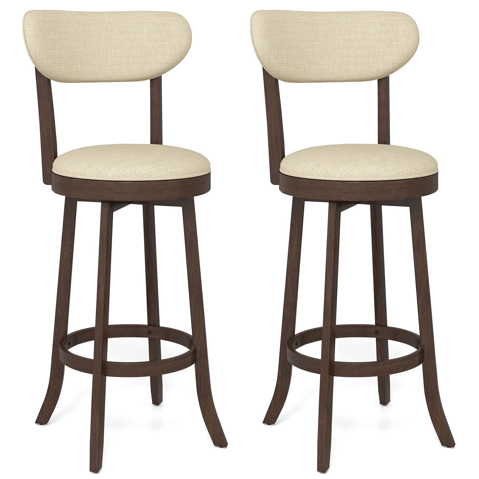 Giantex 30.5" Swivel Bar Stools Set of 2, Farmhouse Wooden Bar Height Bar Stools w/Padded Seat & Backrest, Rubber Wood Upholstered Linen Barstools for