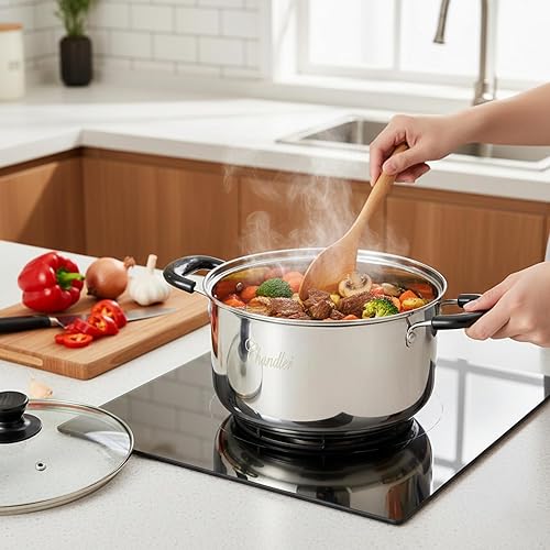 Miniatura 4 de Chandler Juego de utensilios de cocina de acero inoxidable, ollas y sartenes de 13 piezas con tapa de vidrio templado, juego de cocina con sartenes