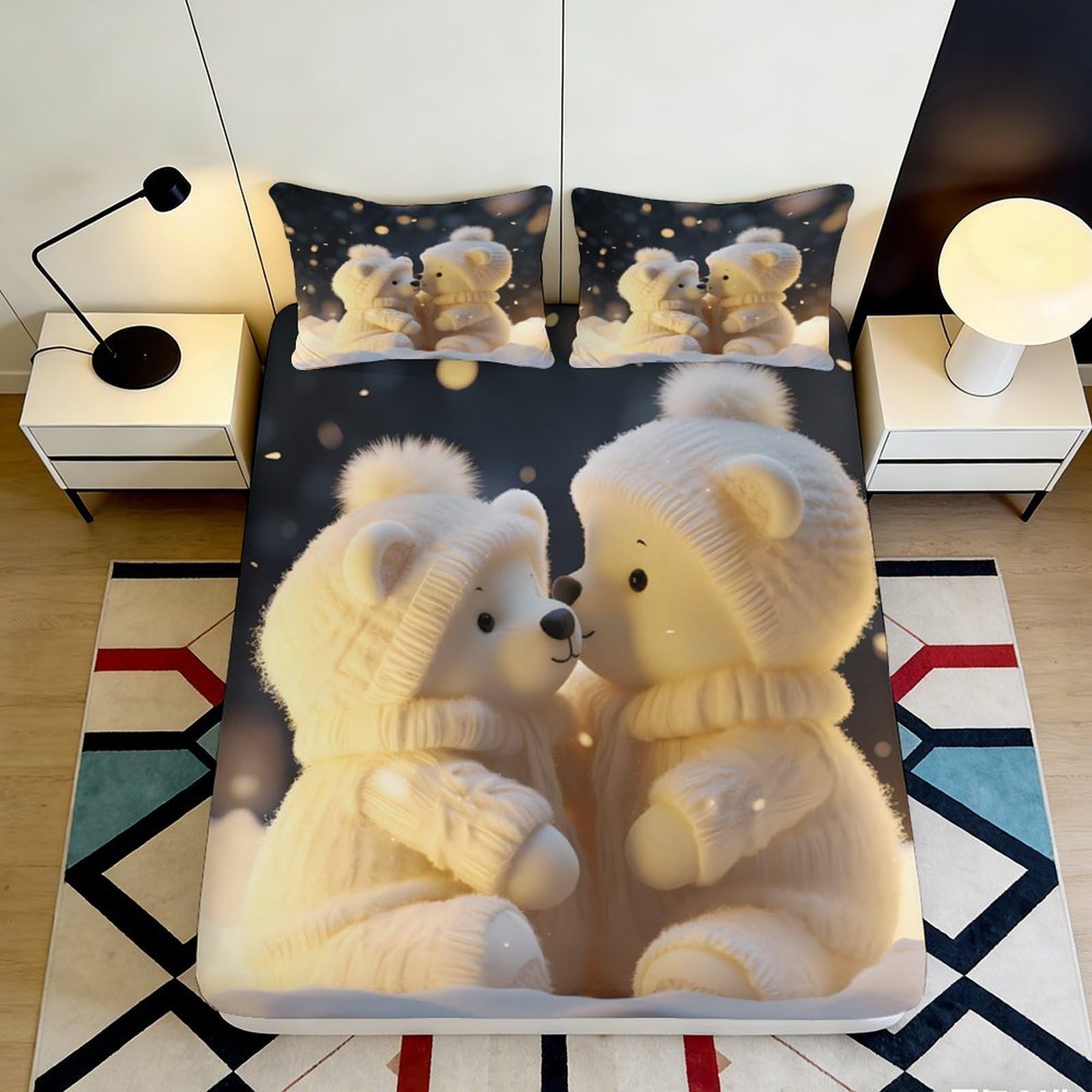 Tjiqhvmrn Style-7 3D Printed Bear Couple Fitted Sheet Microfiber Deep Pocket Non-Slip Bedroom Bear Mattress Fitted Cover Washable For Adults And Teens 90X200x25cm
