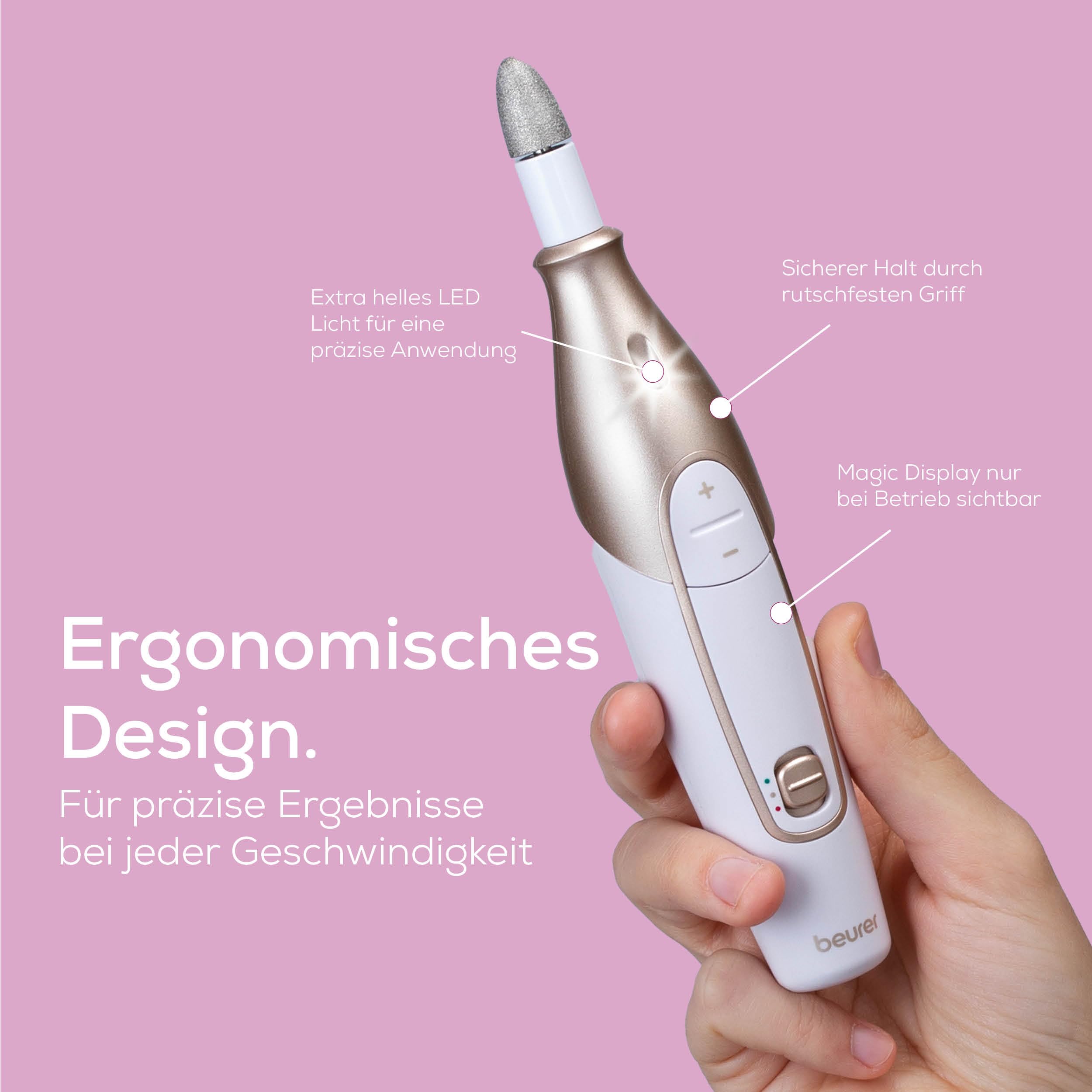 Beurer MP 64 Maniküre/Pediküreset, elektrisches Nagelpflegeset mit Akku, 10 Aufsätze zur Nagelpflege für schöne Hände und Füße, mit LED Licht, Einheitsgröße, White and gold