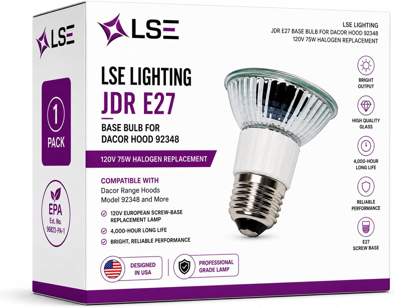 LSE Lighting jdr E27 Base Bulb for Dacor Hood 92348 120V 75W Halogen Replacement | 120V European screw-base replacement lamp with 4,000-hour life for compatible Dacor range hoods; designed in USA.