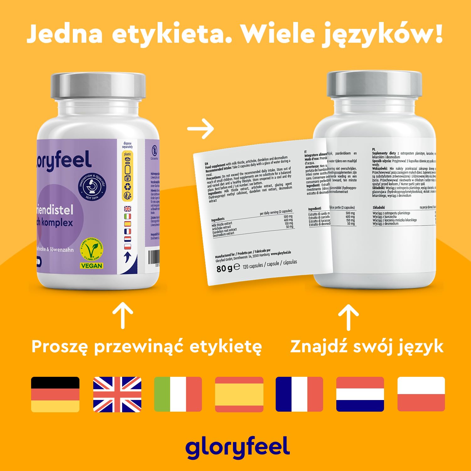Ostropest plamisty (500 mg) z karczochem (400 mg), mniszkiem lekarskim (150 mg) i desmodium (50 mg) - Wysoka zawartość sylimaryny - 120 kapsułek - Testowane i wyprodukowane w Niemczech bez dodatków