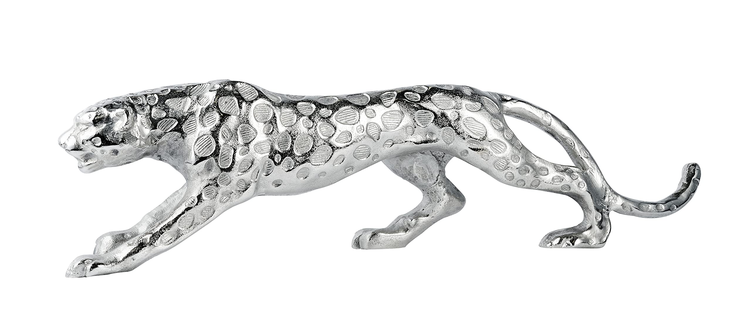 MichaelNoll Leopard Raubkatze Katze Figur Dekofigur Deko Aluminium Silber Skulptur Modern - Dekoration aus Metall - Für Wohnzimmer, Schlafzimmer, Büro - 40 cm, 48 cm oder 78 cm (48x10x14 cm (LxBxH))