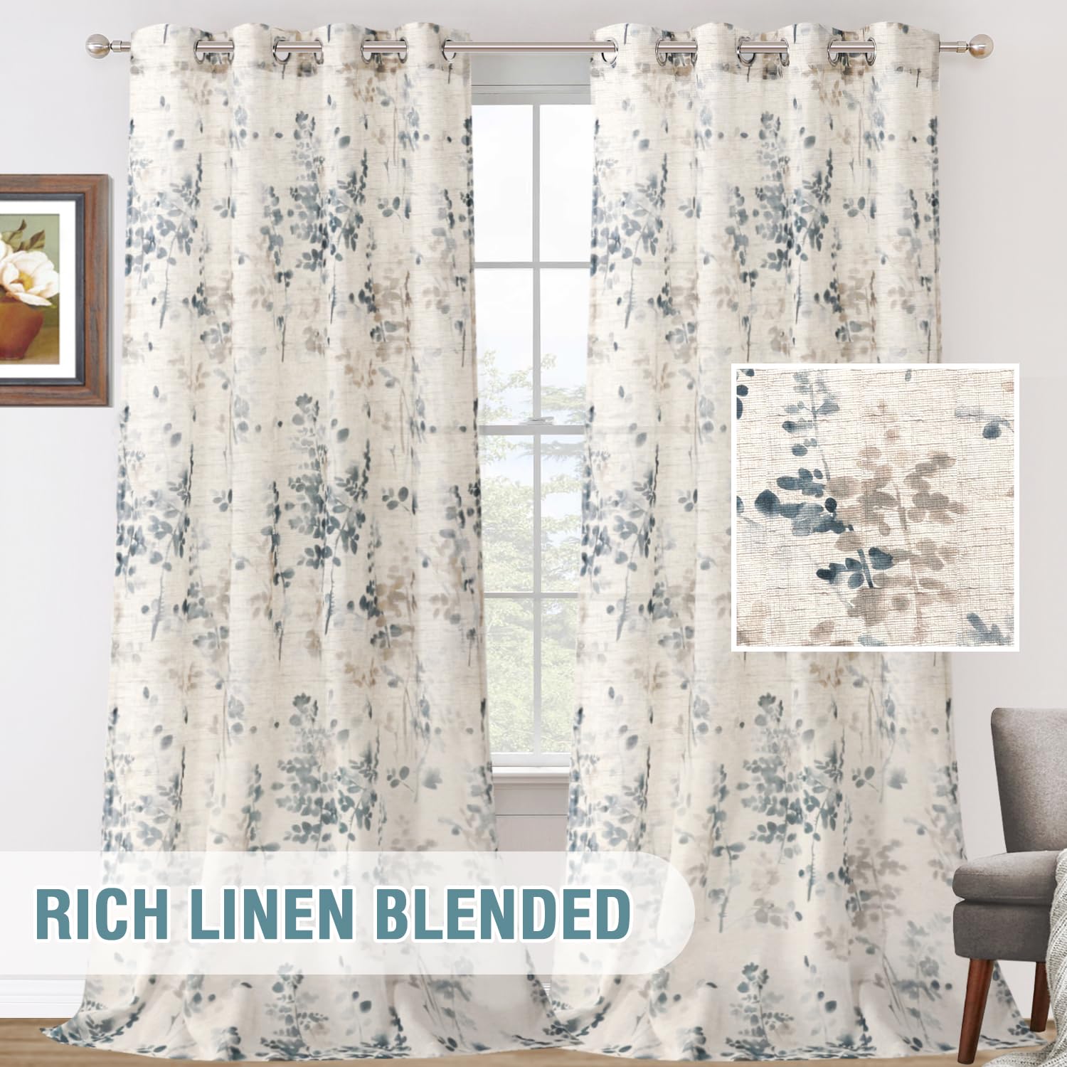 Rideaux de fenêtre transparents à œillets en faux lin, imprimé floral stylisé, peinture à l'encre pour salon, chambre à coucher (bleu/taupe, 132,1 x 241,3 cm)