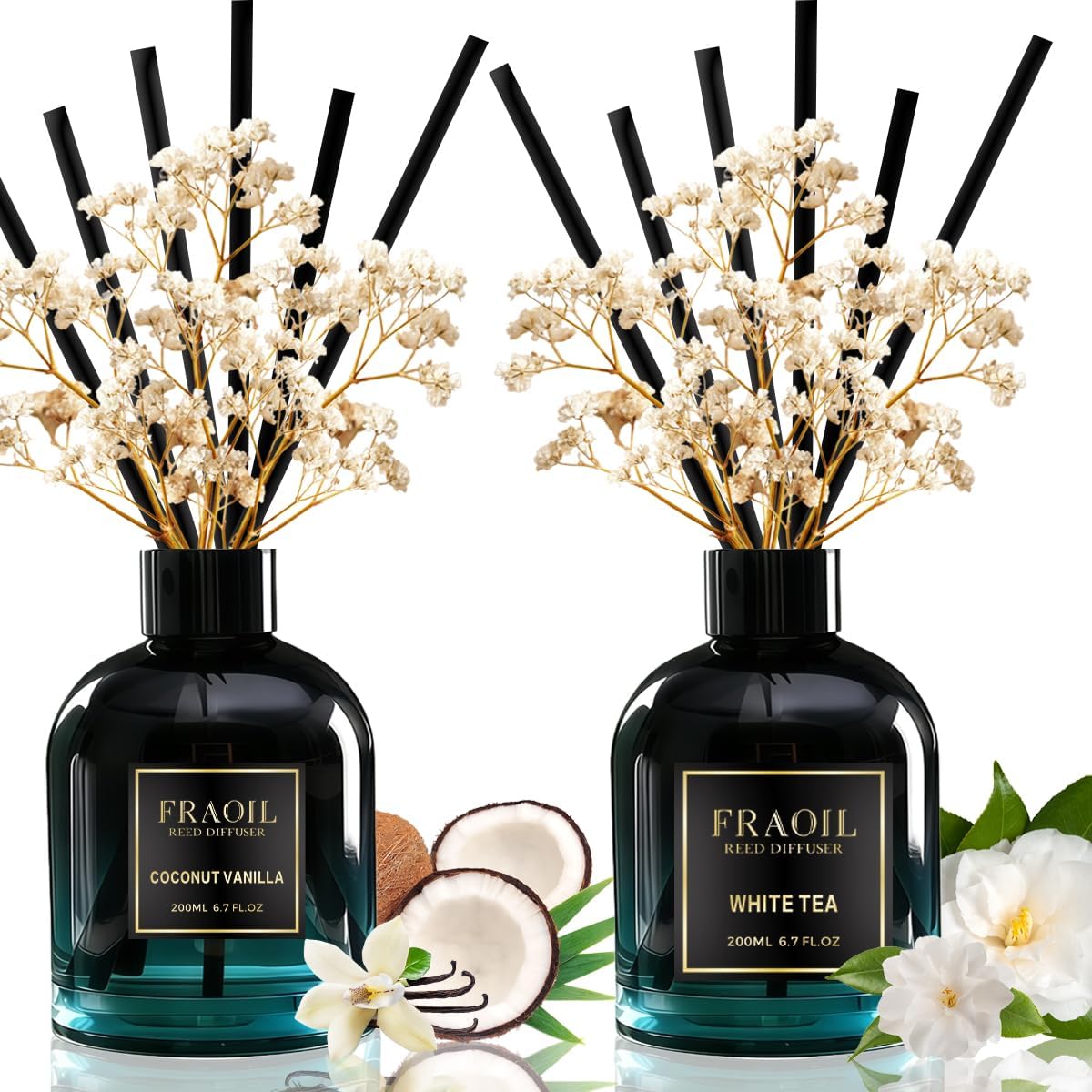 Coconut Vanilla and White Tea Reed Diffuser Set 6.7 fl oz (200 ml) with 6 Reed Sticks, Home Fragrance Reed Diffuser for Bathroom Shelf House Bedroom Office Decor