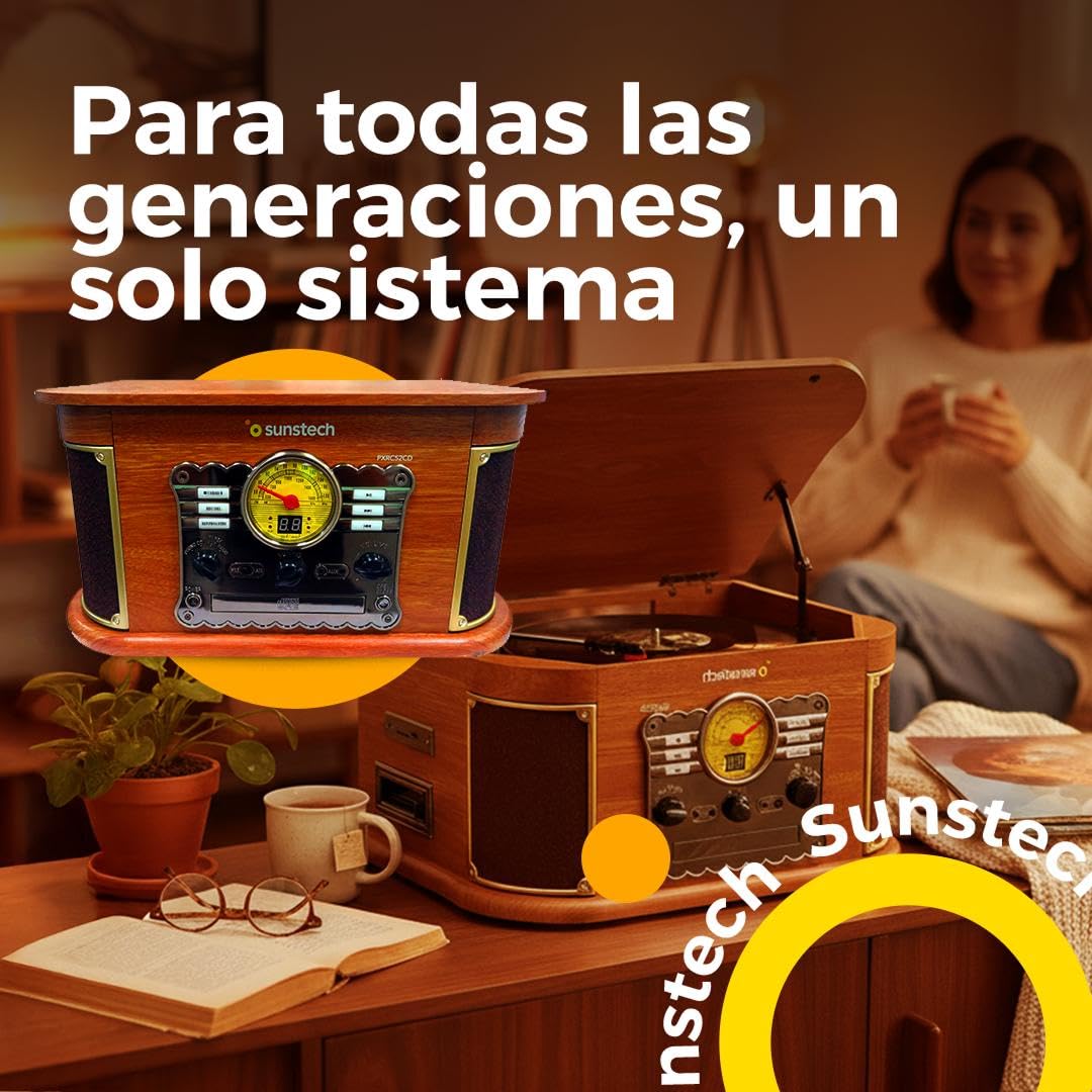Sunstech Tocadiscos de vinilo de madera con conexión inalámbrica y altavoces estéreo 2.5 W | Giradiscos 3 velocidades 33/45/78 RPM | Reproductor CD, MP3, casete, radio AM/FM, USB y SD | Grabación MP3