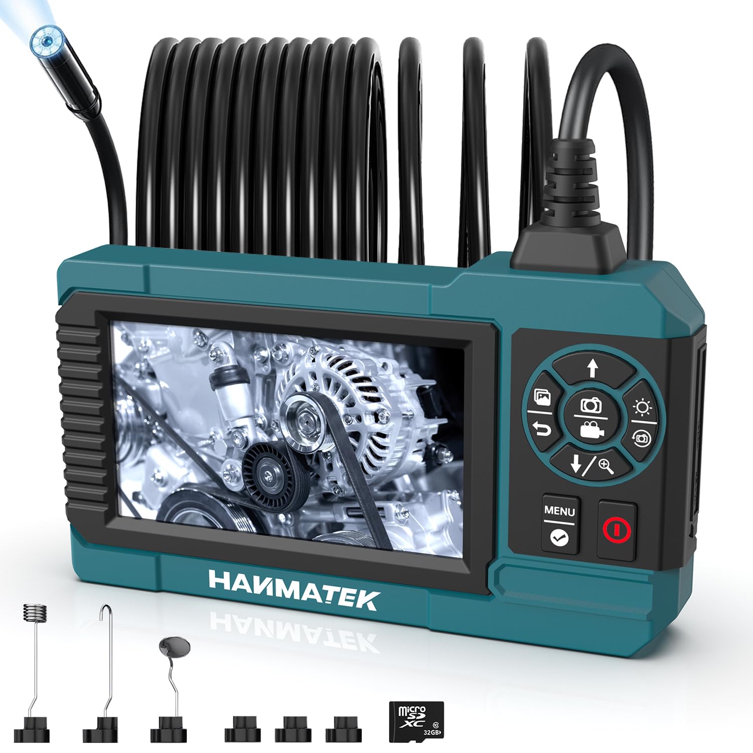 HANMATEK - Endoscopio industrial de 1080P, pantalla TFT de 4.3 pulgadas, cable flexible de 16.5 pies, cámara de 8 mm con luces LED ajustables, 1 millón de píxeles, grabación de foto/video, carga USB-C