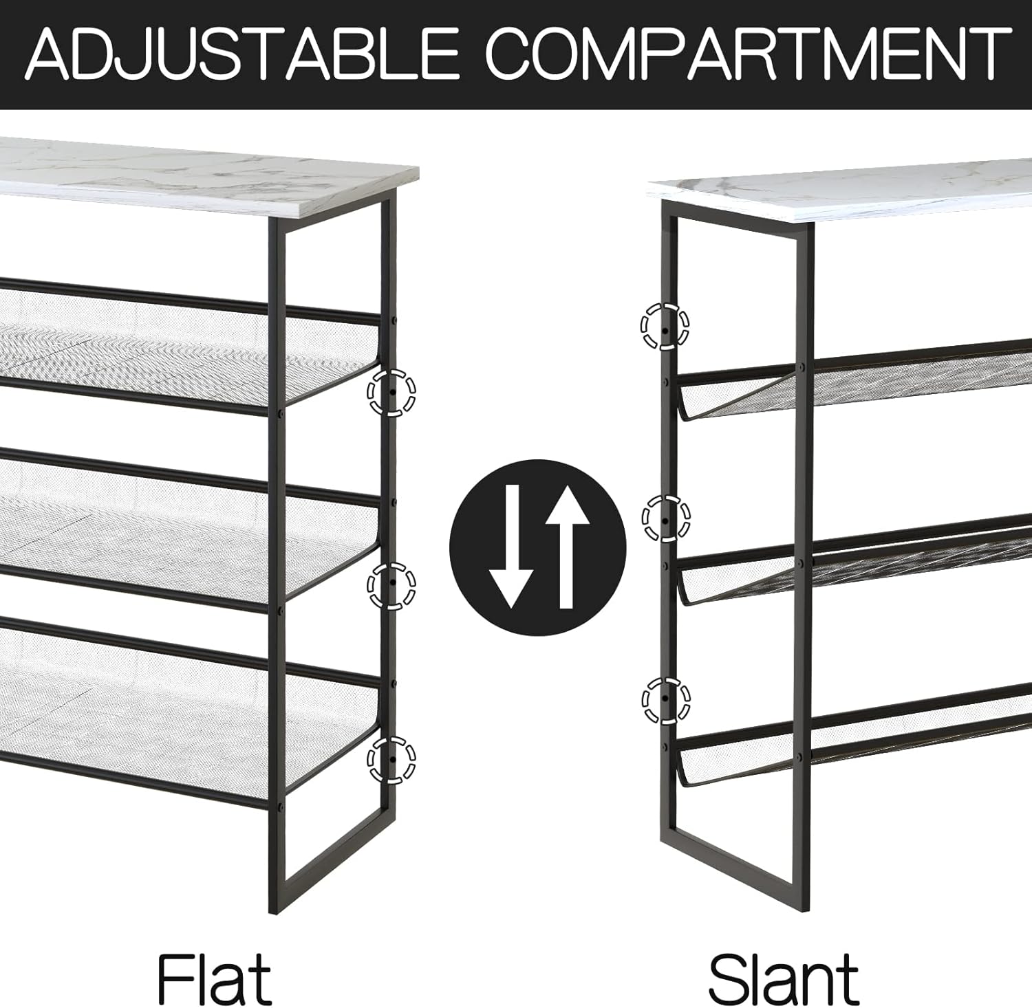 Garden 4 you Shoe Rack for Entryway 4 Tiers 11.8" D x 25" W x 28" H, Metal Shoe Rocks with White Wooden Tabletop, Angled Shoes Rack with Adjustable Mesh Shelves for Entryway Hallway Closet