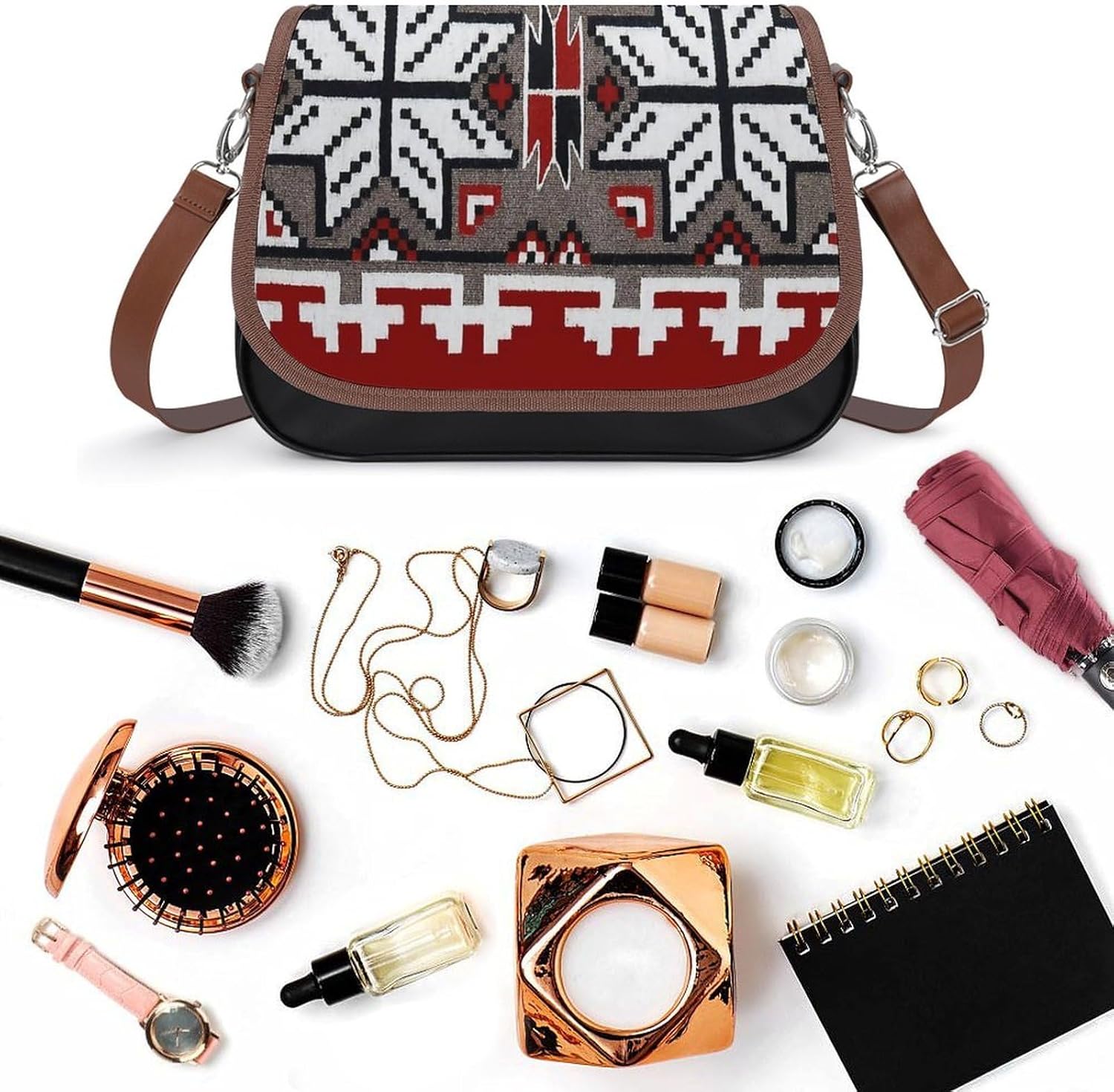 Native American Blanket Weaving PatternWomen's Faux Leather Crossbody Bag, Waterproof Wrinkle-Resistant Shoulder Bag with Detachable Strap, Large Capacity Casual Handbag, Fashion Daily Purse for Shopp