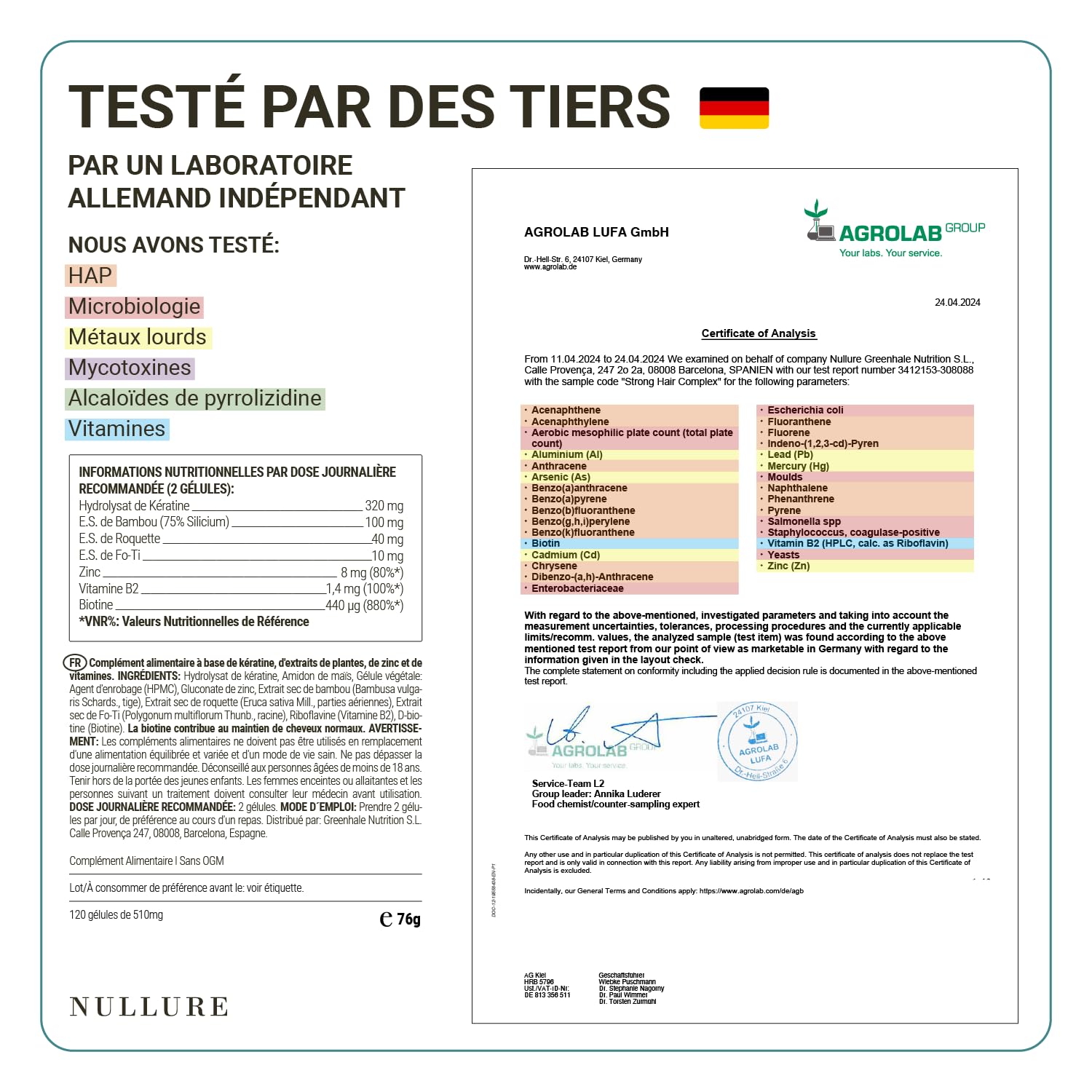 Nullure Formule Pousse Cheveux | Biotine + Kératine + Zinc + Fo Ti + Vitamine B2 + Bambou + Roquette | Complement Alimentaire | Biotine Cheveux Pousse Rapide - Sans Excipient |120 gélules (2 mois)