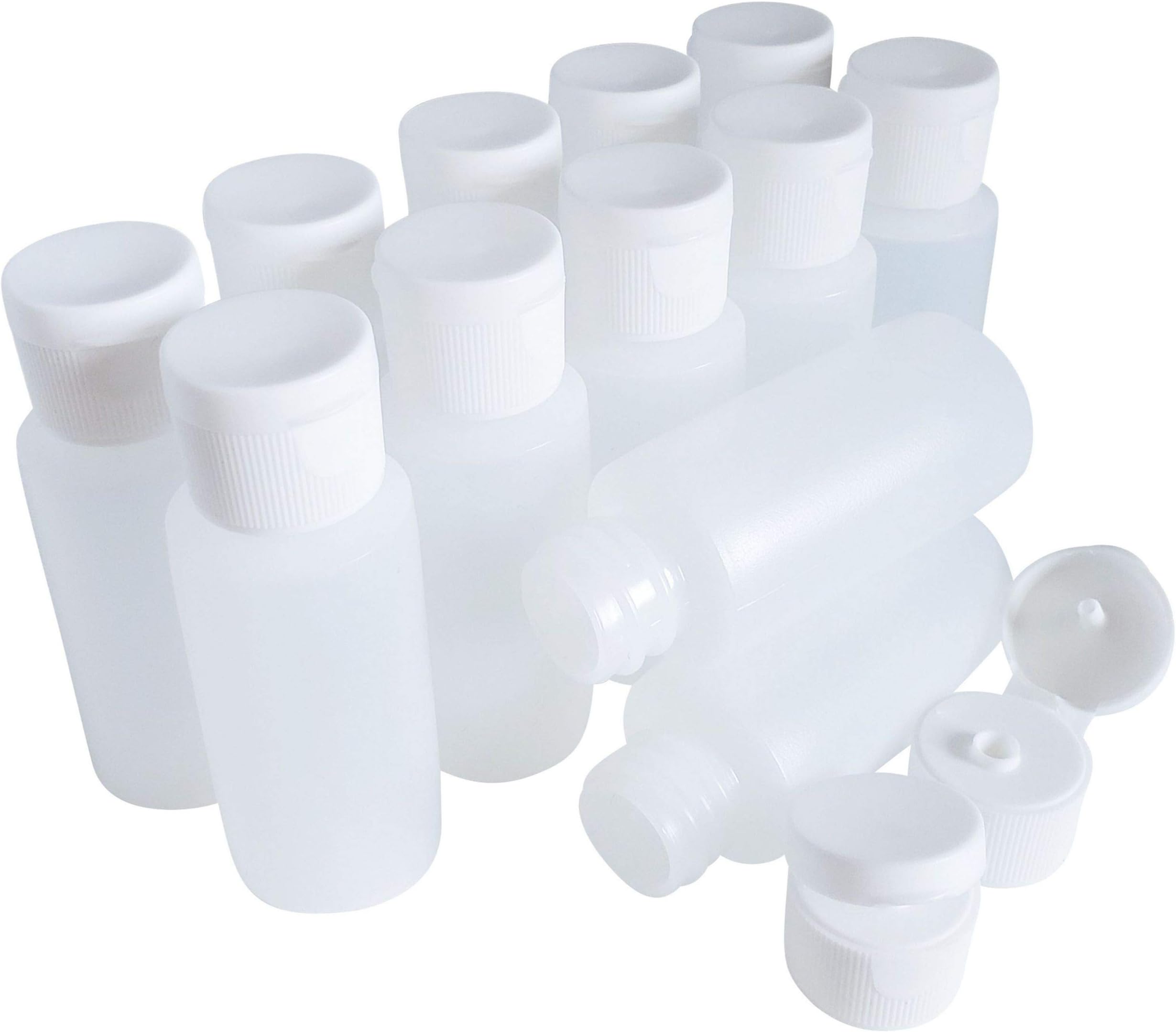 Kelkaa 1oz HDPE Durable Plastic Travel Size Bottles with White Flip Top Cap Natural Clear Containers for Any Liquid Products, Multi Purpose Refillable Empty Bottles (Pack of 12)