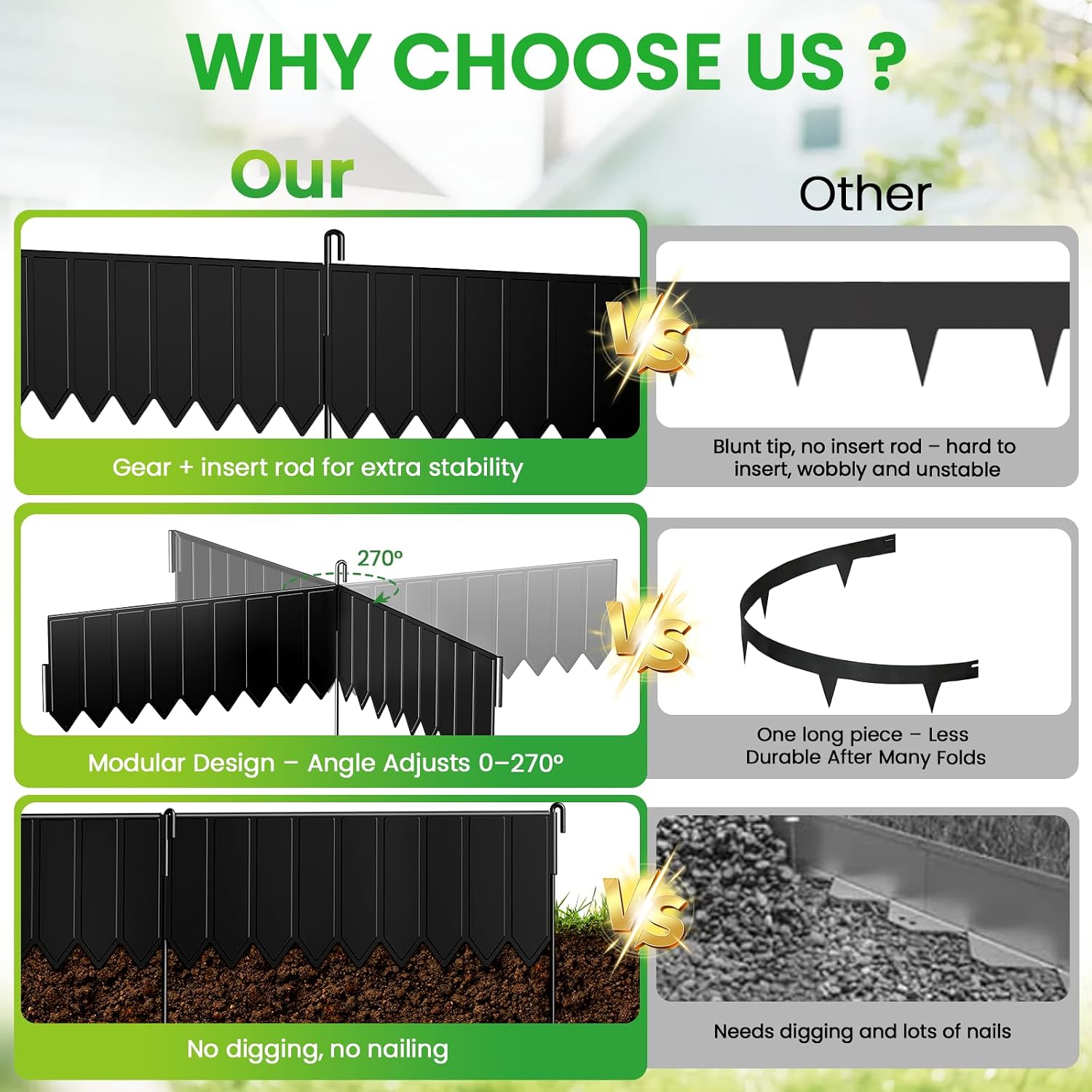 Condition photo showing New/Like New for 15 panels metal landscape edging, 6.2in (h) x 20 ft (l)–no dig garden edging with 16 stakes, modular adjustable 0-270°for tree rings & yard pathways, anti-rust metal garden border(black) black-01 15 pack - 6.2 in (h) x 20 ft (l)
