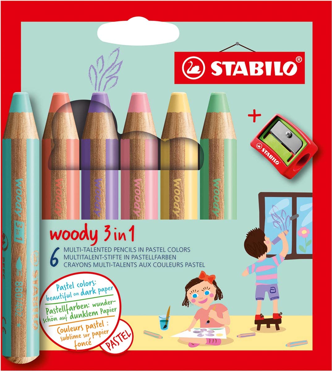 STABILO - Buntstift, Wasserfarbe & Wachsmalkreide - woody 3 in 1-5x 6er Pack mit Spitzer - Pastellfarben