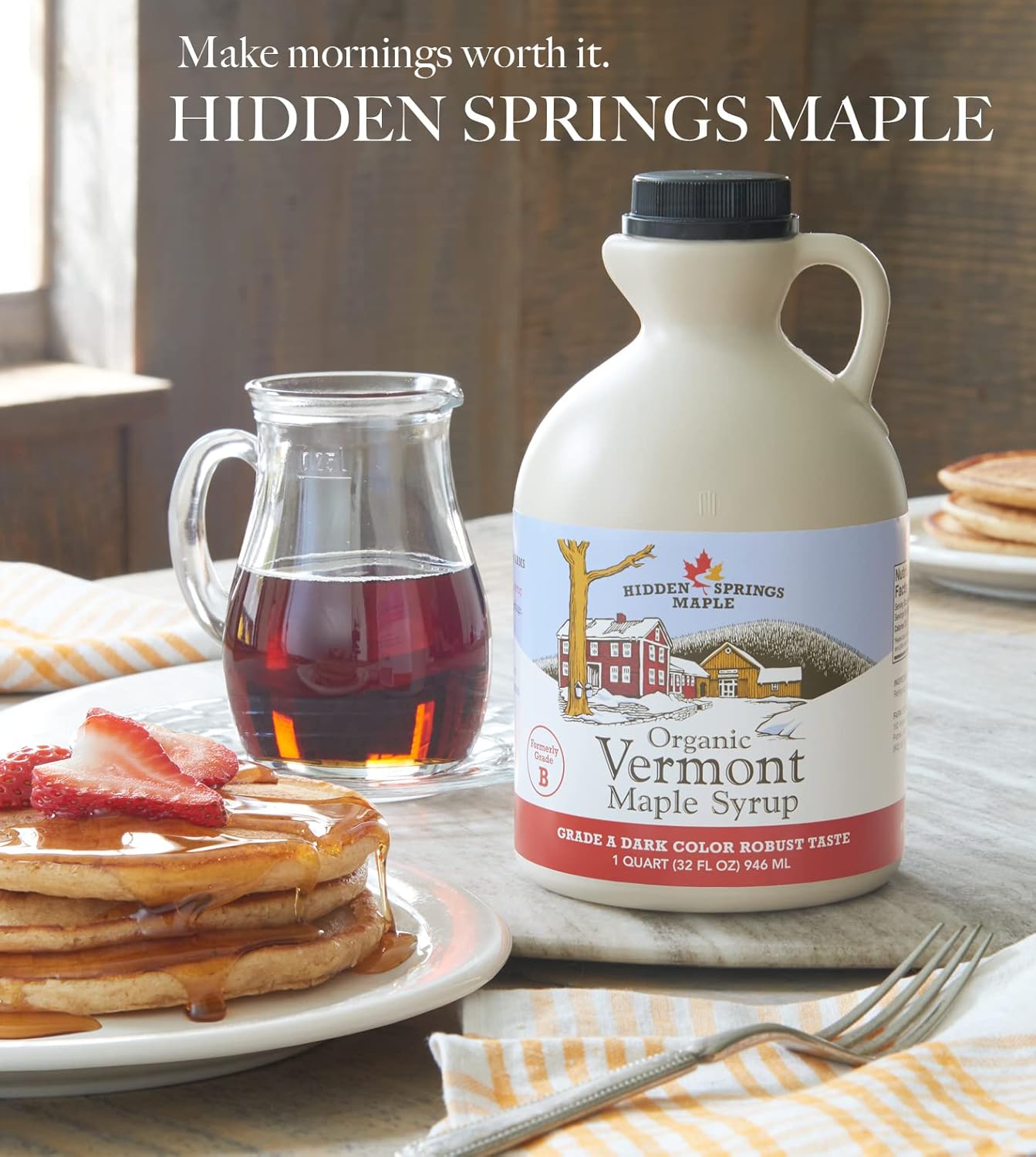 HIDDEN SPRINGS MAPLE 100% Organic Vermont Maple Syrup, Grade A Very Dark Robust, 32 Ounce, 1 Quart, Family Farms, BPA-free Jug