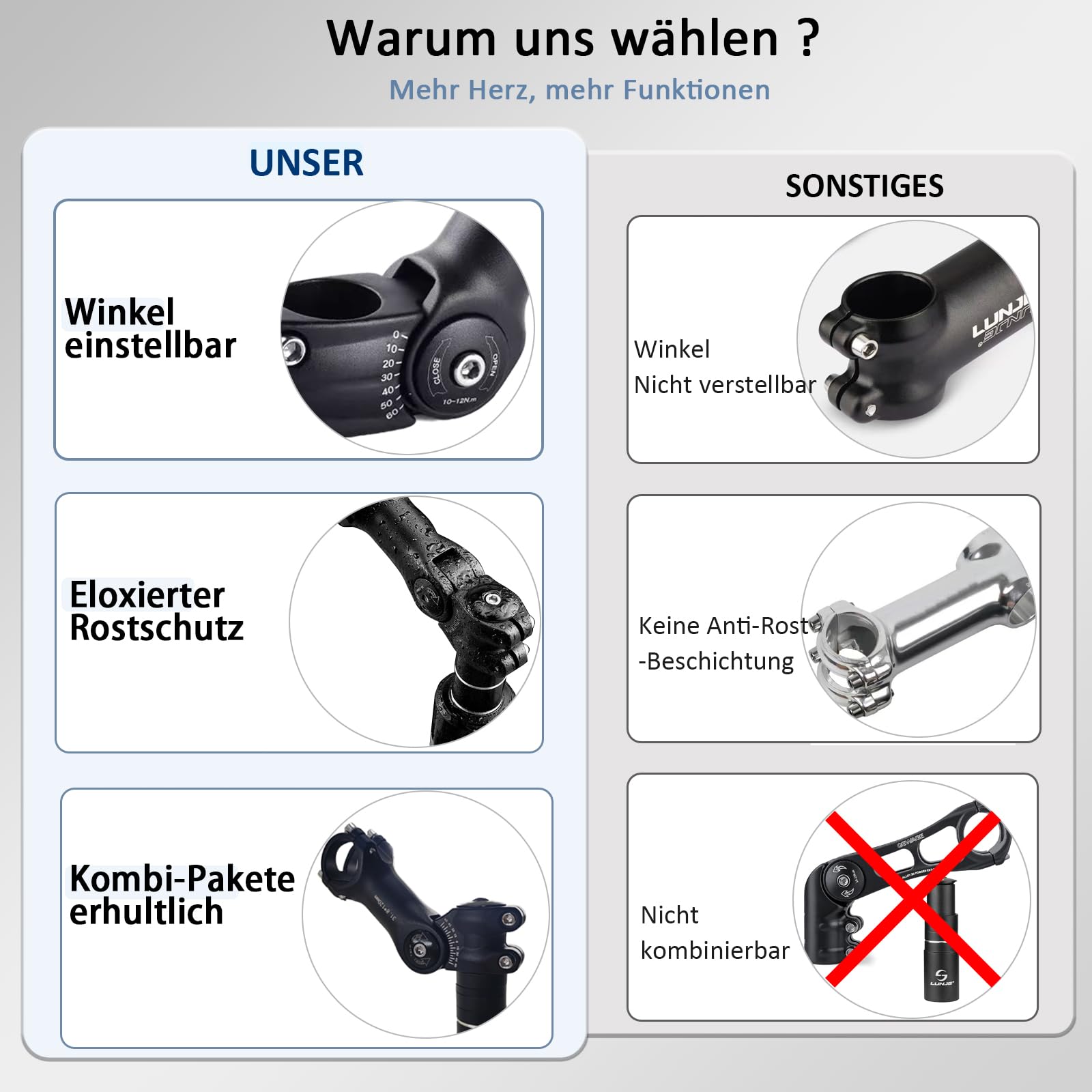 Fahrrad Vorbau Riser,Verstellbarer MTB Vorbau,28.6mm Fahrradgabel Aluminium Verstellbar 150mm,Fahrrad Vorbau 31.8mm,Verstellbar 120 Grad 110mm,Geeignet für Mountainbike, Rennrad, MTB, BMX