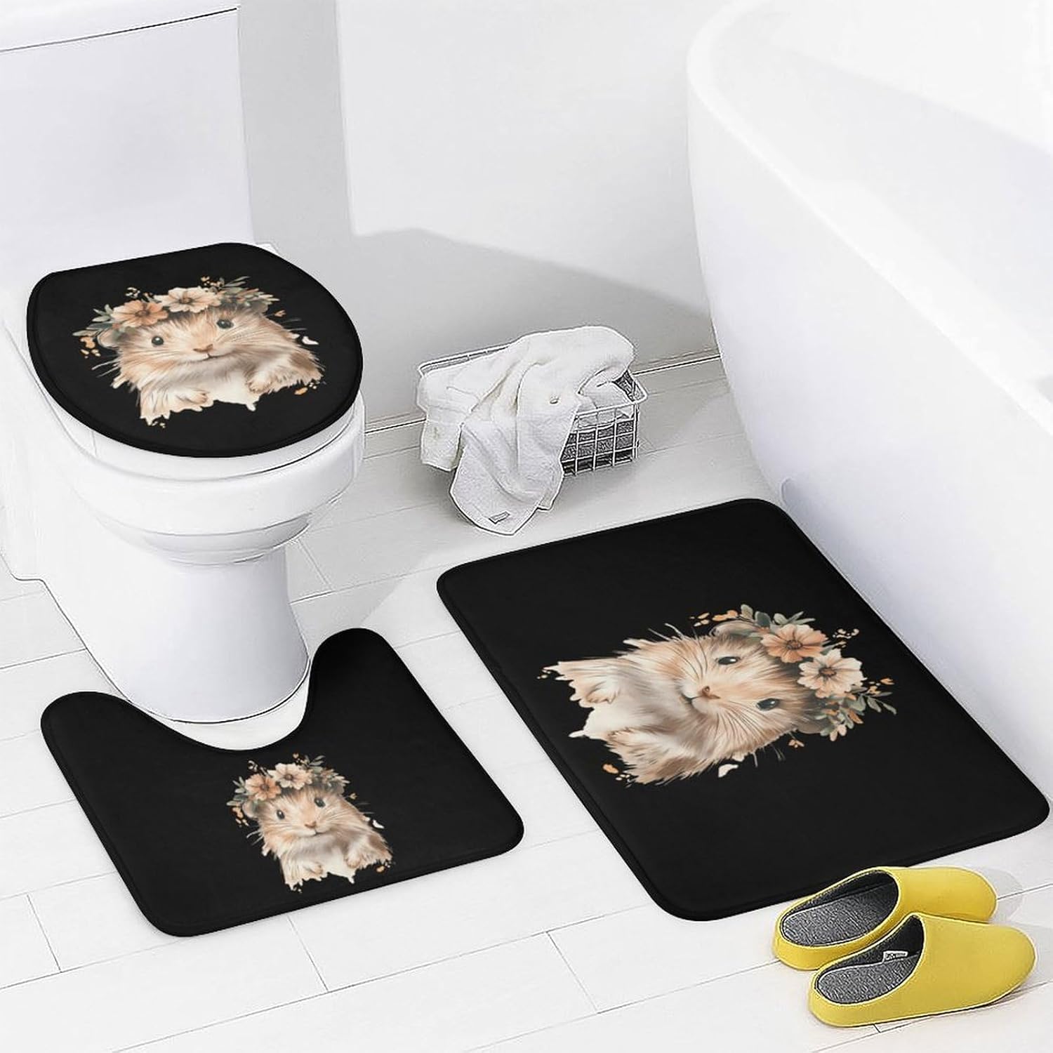 Cute Hamster Modern Bathroom Sets with Shower Curtain and Rugs Decor 4 Pcs with 12 Hooks