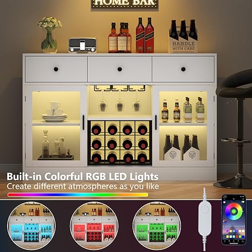 Miniatura 4 de Auromie Gabinete de bar de vinos con luz LED, gabinete de café para el hogar con estante para vino y vidrio, aparador de cocina con cajones de