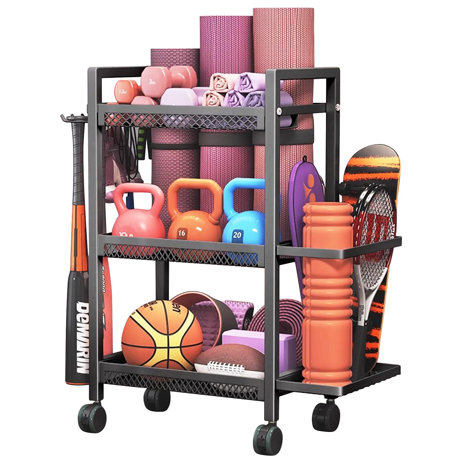 Home Dumbbell Rack with Wheels, 3 Tier Garage Ball Storage Yoga Mat Holder, Home Sports Equipment Organizer Gym Storage Rack with Hooks for Indoor/Outdoor Dumbbells Yoga Mat, Fascia Roller Black