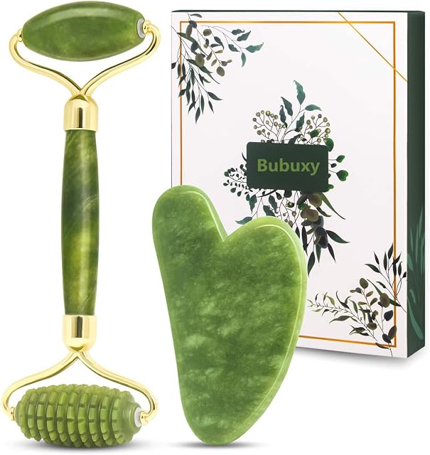 Jade Roller & Gua Sha Set, Face Roller, Face Massager Jade Stone Facial Roller for Eye Puffiness Treatment, Skin Tightening, Rejuvenate Face & Neck (Green)