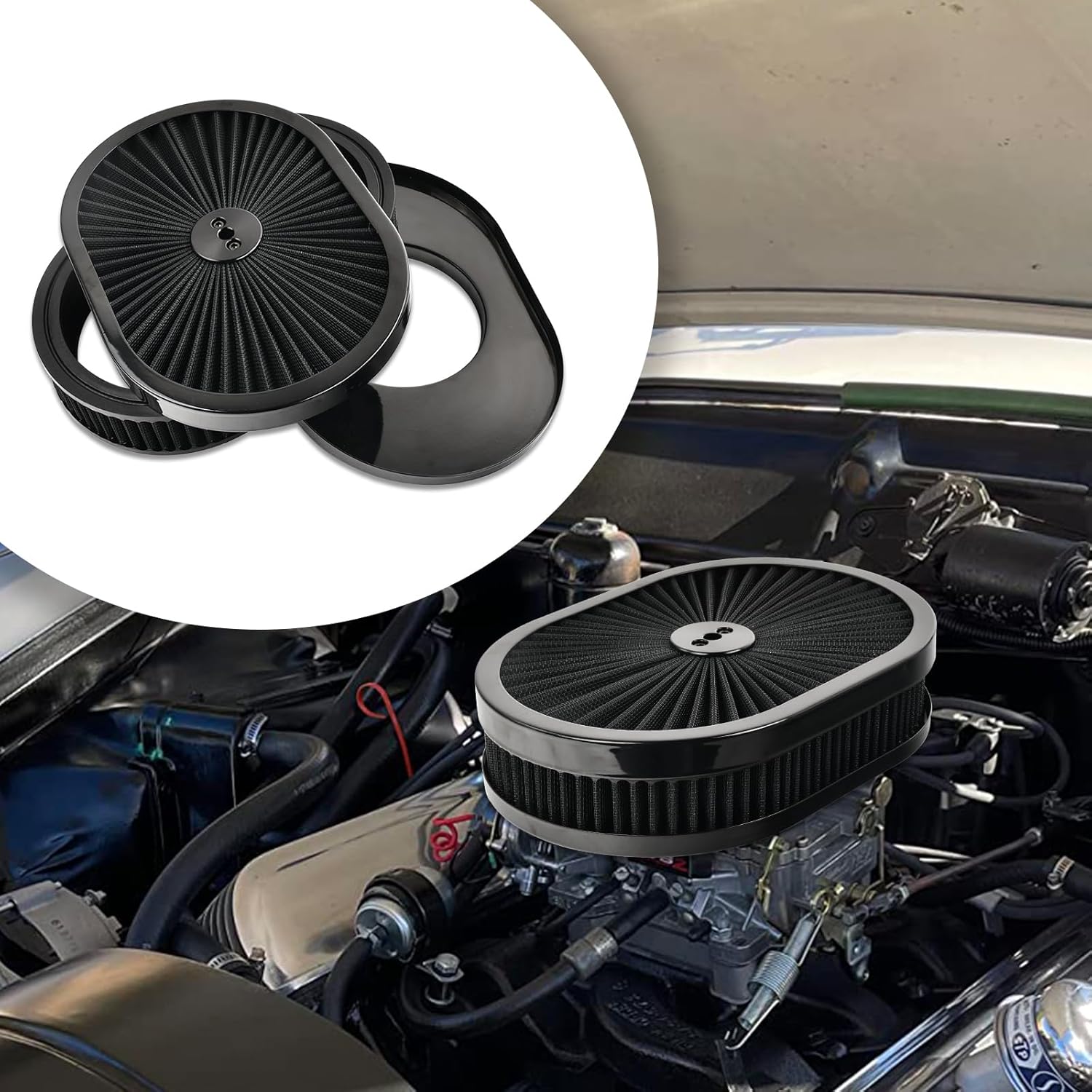 12''x2'' Black Air Cleaner Kit Washable Oval Filter Flow Compatible with 5-1/8" Opening Carb Inlet Chevy Ford