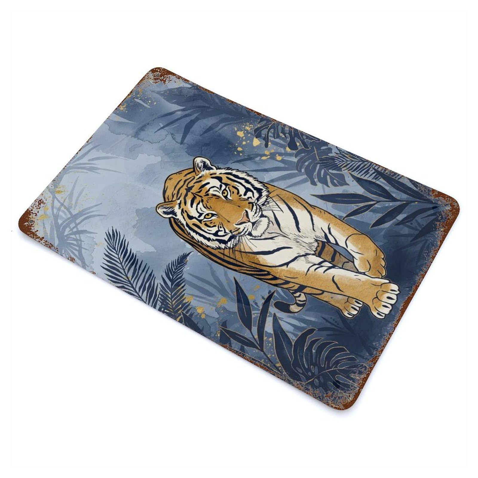 Rust Effect Tiger in Blue Jungle Illustration Aged Metal Wall Plaque 11.8"x7.9", Rustic Home Decor for Bistro, Counter And Cafe Decor