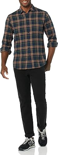 Miniatura 78 de Yaxa Essentials Camisas de franela de manga larga para hombre, corte ajustado, a cuadros con botones