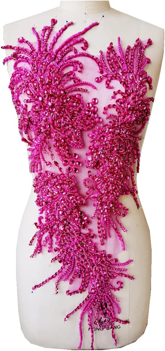 Handmade Rhinestones lace Applique handsewing Beads Sequins Trim Patches for Dress Clothes Accessories (Rose red)