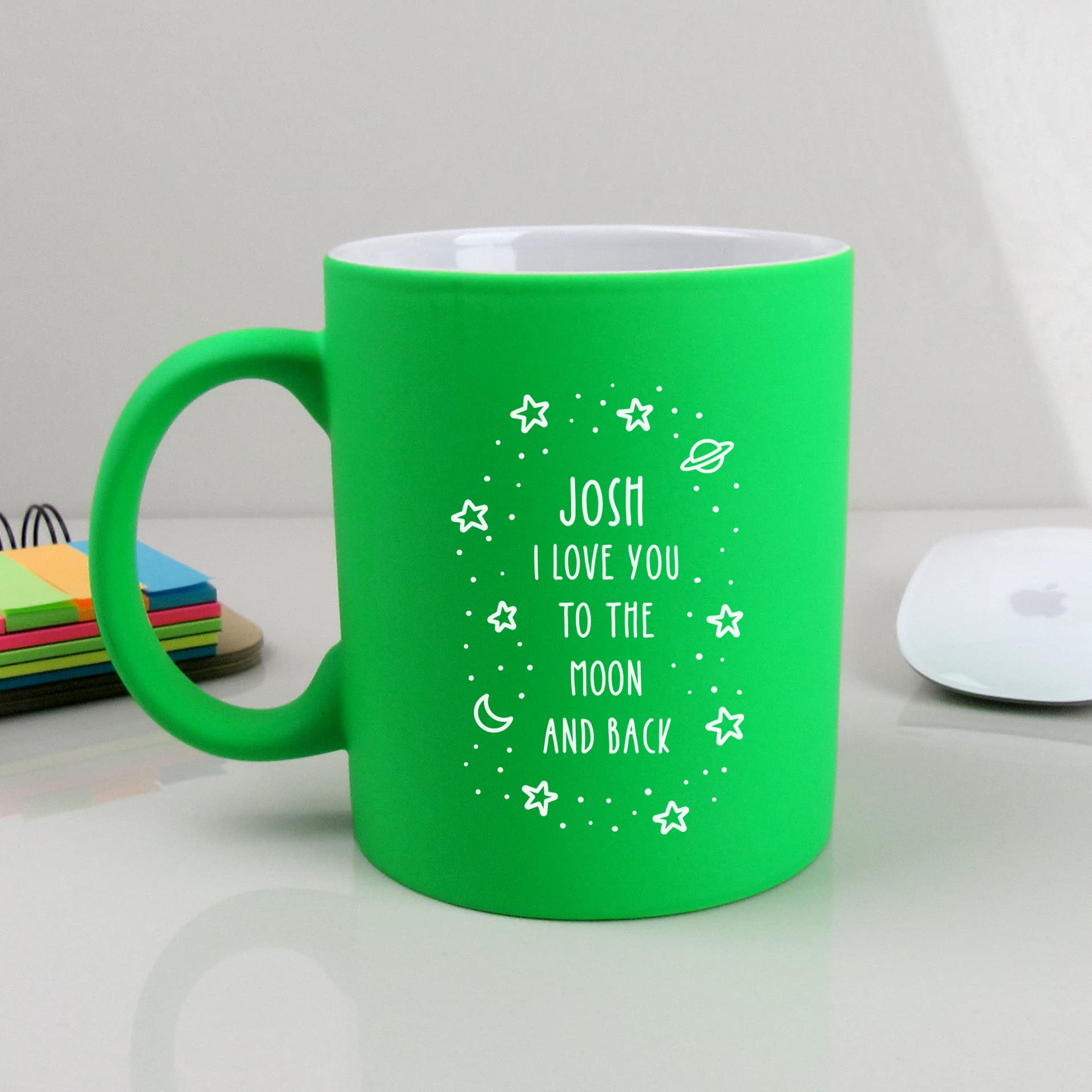eBuyGB Personalised Neon Green Mug, I Love You to The Moon & Back, 350ml Engraved Ceramic Coffee Mug, Valentine's Day, Mother's Day, Birthday Gift