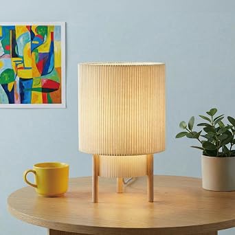 Buruis 2-Tier Table Lamp with Pleated Fabric Shade, Natural Rubber Wood Stand, UL Listed, 10 Elegant Retro Mid-Century Bedside Lamp for Bedroom, Living Room, Bookshelf, Bulb Not Included, Beige