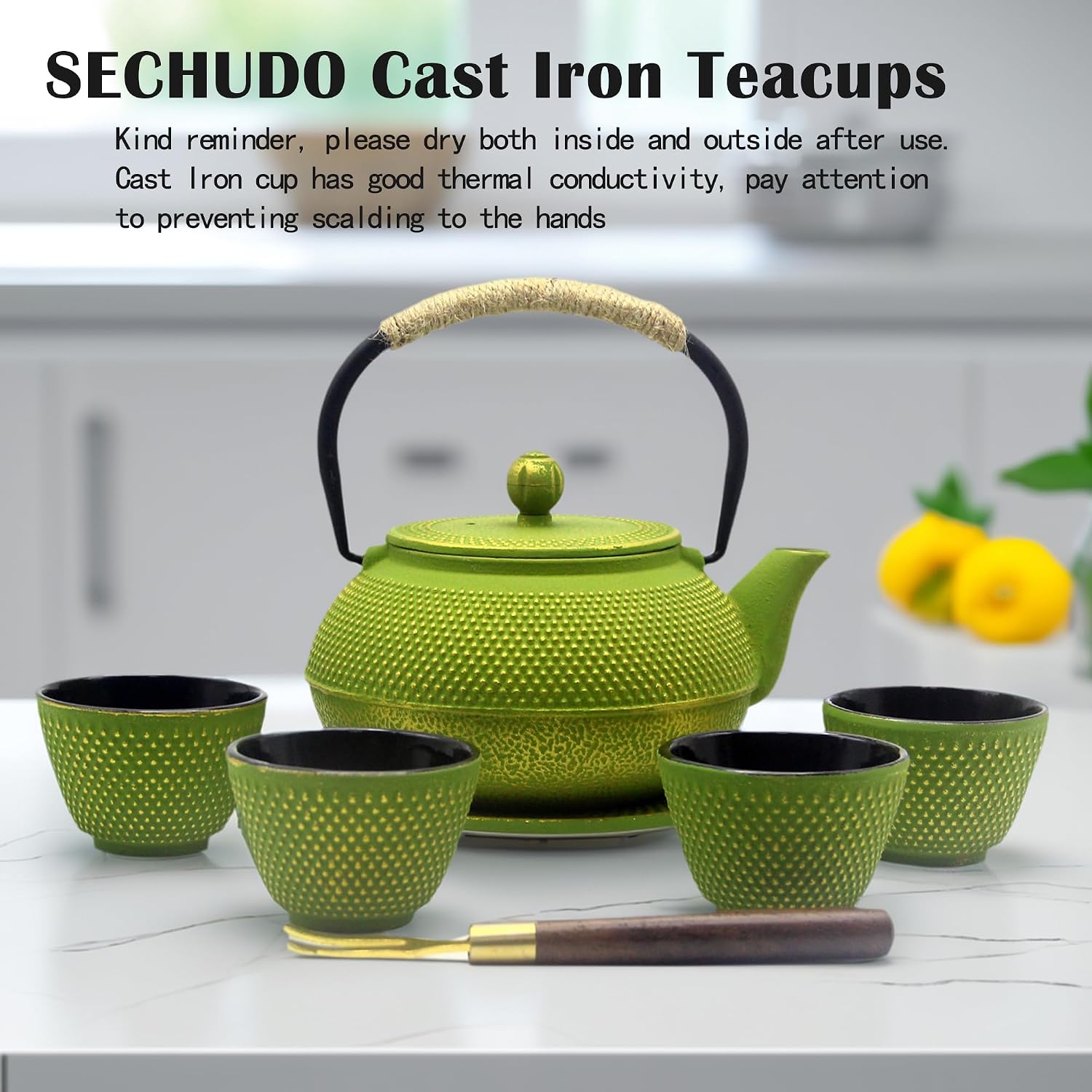 Japanese Cast Iron Tea Cups, Small and Heavy Teacups with no Handles, Japanese Style Cup for Adults, Asian Teacups, Coated with Enameled Interior, 4 Pcs/Box (Green, 2oz/60ml) image 2