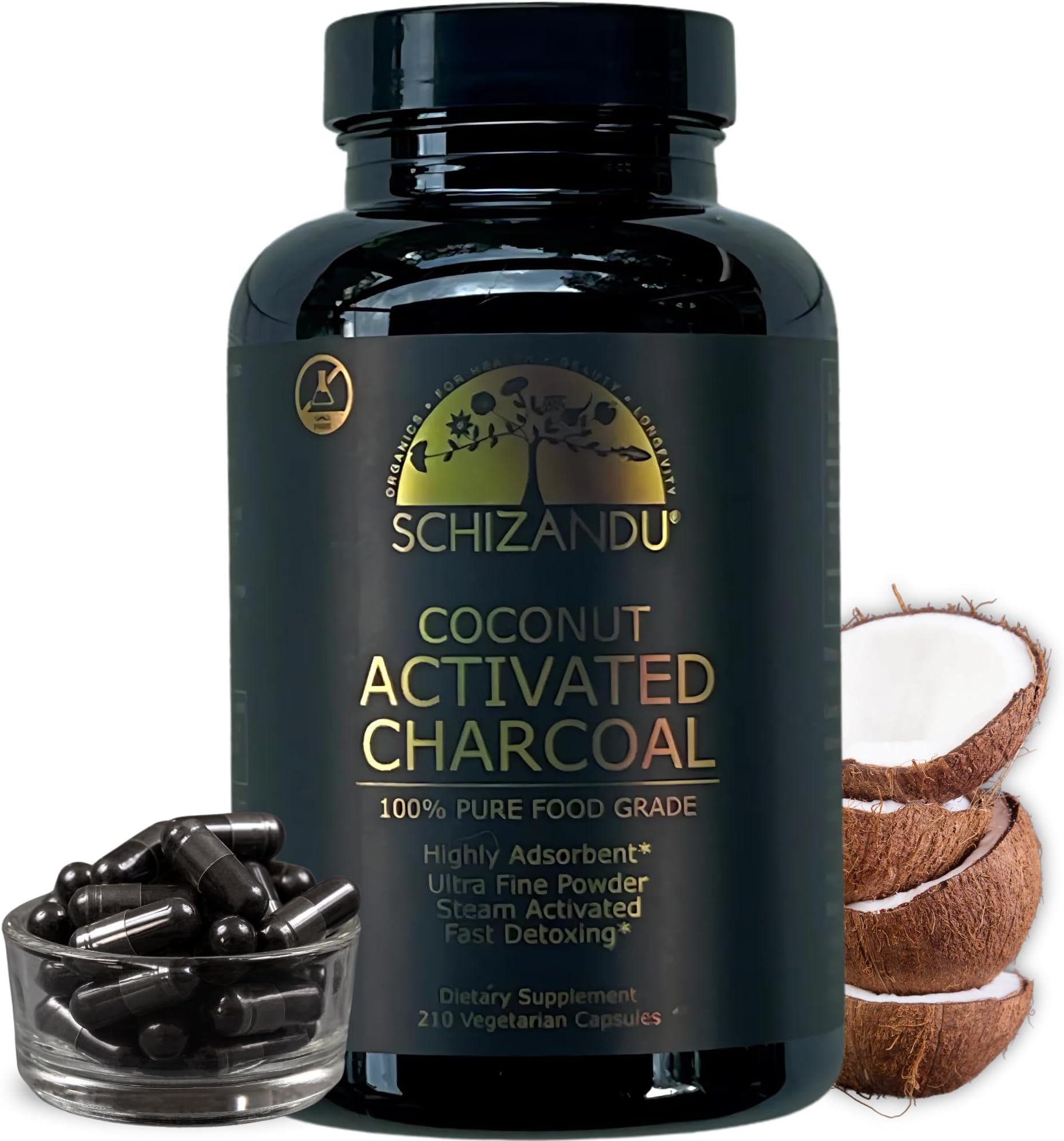 Schizandu Organics Activated Coconut Charcoal Capsules, 600mg per Serving, 100% Pure Detox, Non GMO, 210 Pills - Use for Detoxification, Teeth Whitening, Digestion, Hangovers
