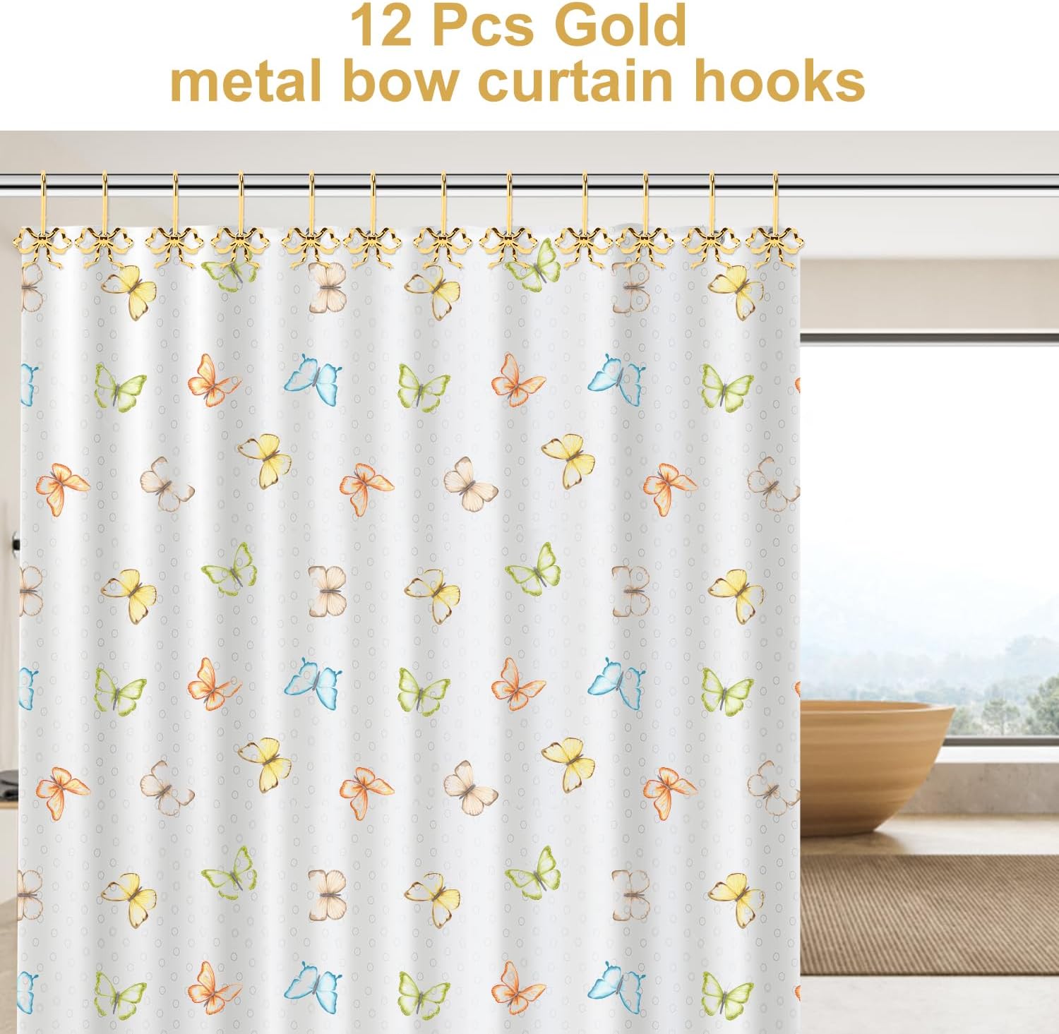 Bow Shower Curtain Hooks, 12-Pack Gold Metal Decorative Bow Knot Rings image 5