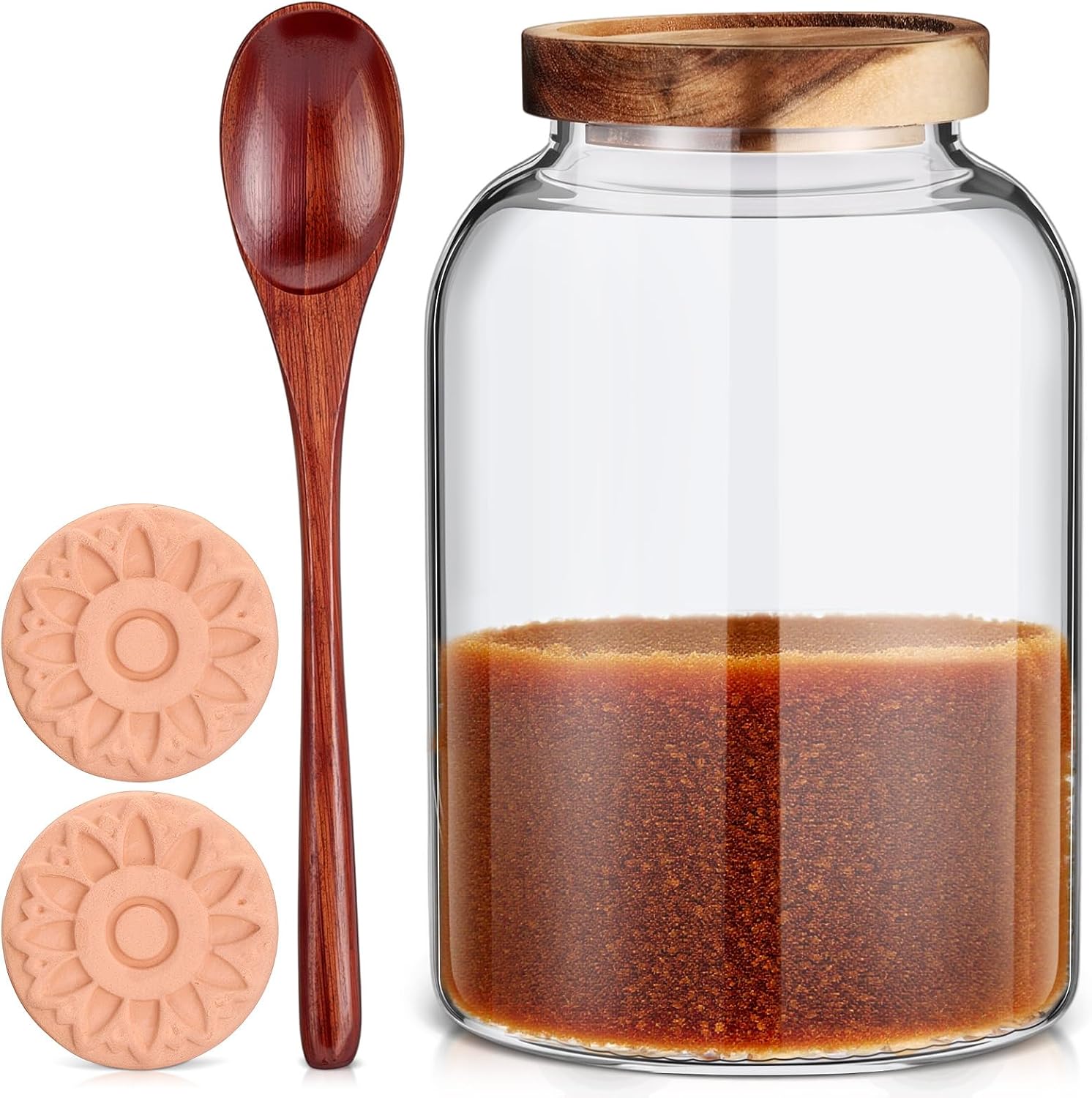 Maxdot 2 Pack Brown Sugar Keeper Container with Spoon, 500 ml / 0.53 Qt Glass Brown Sugar Storage Container with Wooden Spoon and Lid, Clear Glass Storage Jar for Baking, Salt and Snacks Saver