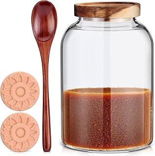 Maxdot 1800ml 60.8oz Large Brown Sugar Keeper Container Glass Sugar Jar with Lid and Spoon Airtight Food Storage Glass Bottle with 2 Terracotta Brown Sugars Saver for Kitchen Store Coffee Tea Flour