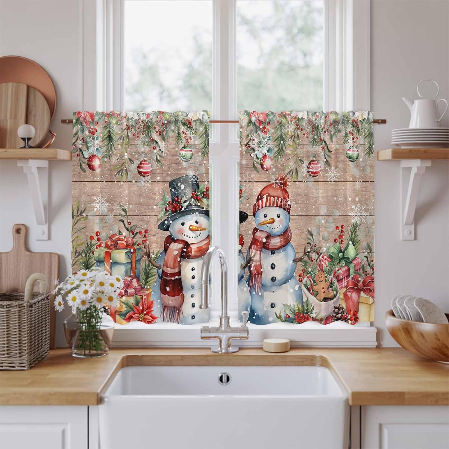 Brown Wood Snowman Christmas Kitchen Curtains 45 Inch Long 2 Panel Set,Rod Pocket Window Treatment,Xmas Poinsettia Winter Gifts Light Filtering Short Curtains & Drapes for Bathroom Laundry 52"W x 45"L