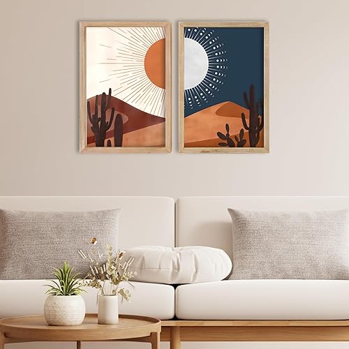 FZMHASLWW Letrero de día y noche de cactus con paisaje del desierto, decoración de pared, 24 x 16 pulgadas, juego de 2 impresiones bohemias de luna
