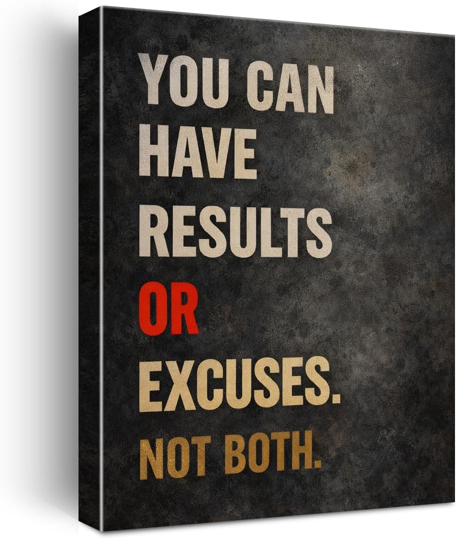 Motivational Quote Canvas Wall Art, Results or Excuses Not Both Inspirational Framed Print Poster, Positive Saying Decor for Office Gym Home Classroom Living Room 8x10 Inch