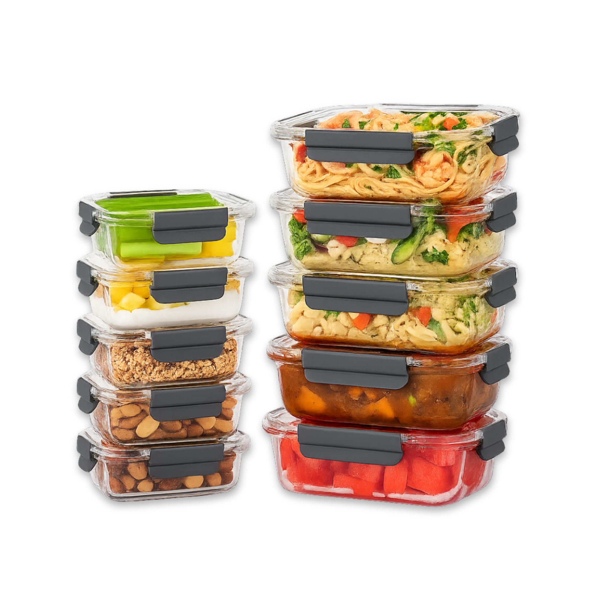 Straame Transparent Glass Meal Prep Containers With Airtight Lids – 10-Pack (5×1050Ml + 5×370Ml) – Reusable Glass Food Storage Containers – Leakproof, Freezer, Oven, Microwave & Dishwasher Safe (Rectangular)