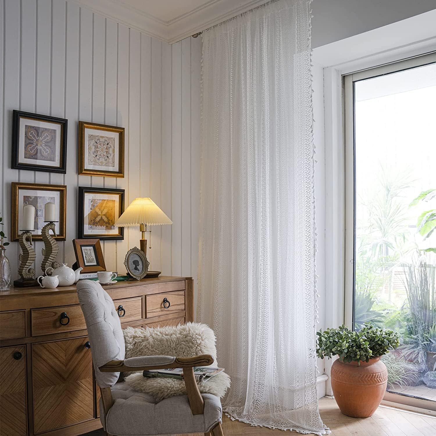 Sutuo Home Boho Sheer Curtain 108 Inches Long, Crochet Lace with Bohemian Hollow Knitted Handmade Tassels,Vintage Farmhouse Window Treatment for Bedroom, Rod Pocket, 1 Panel 59" W x 108" L, White