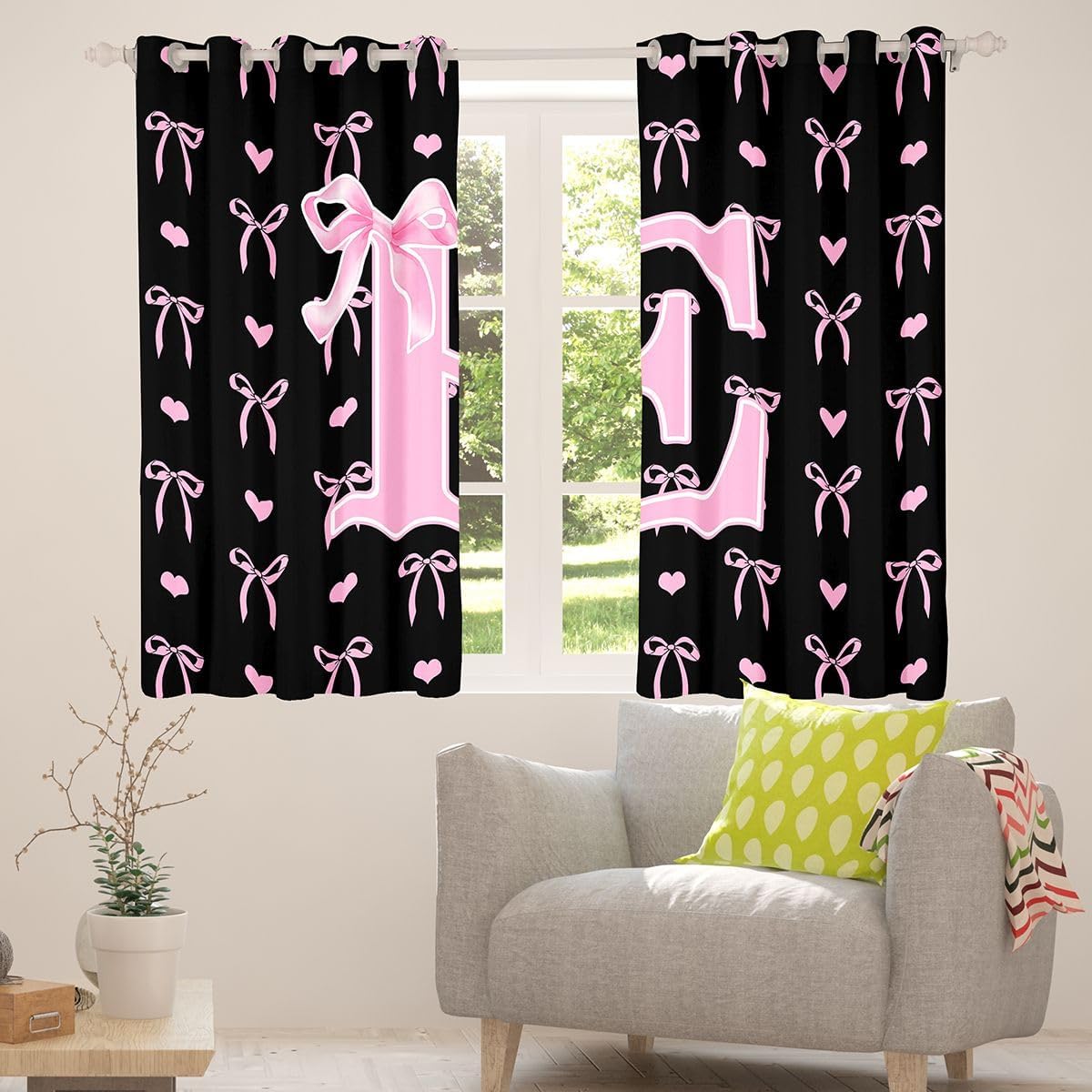 Feelyou Bow Blackout Curtains Black Pink Bow Darkening Drapes for Bedroom Living Room Decor Bowknot Thermal Insulated Shades Kawaii Window Treatments, 2 Panels 38 x 54 Inch Personalized Initial E